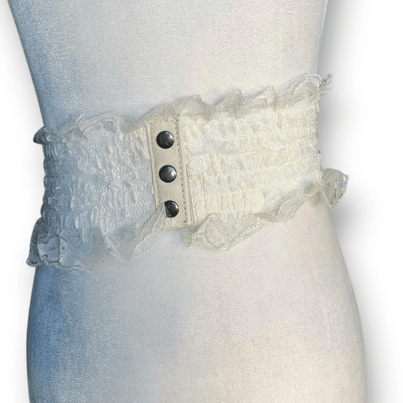 Y2K Lace Corset Belt Cream Leather Lace Up Wide Elastic Waist Statement Romantic - Picture 4 of 7